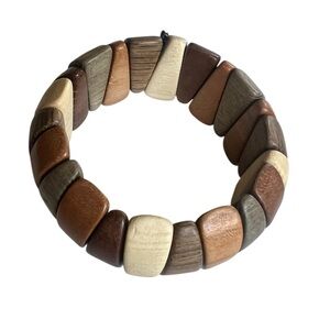 Brown Cream Tan Wood Bead Neutral Stretch Bracelet Boho Minimalist
